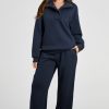 Women's Navy Blue Solid Color Active Set - Collared Sweatshirt and High Waist Pants - Image 2