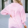 Women's Pink Oversized Striped Boyfriend Shirt with Smocked Cuffs and Pocket - Image 8