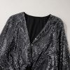 Women's Black Sequin Mesh Long Sleeve Surplice Neck Bodysuit - Image 9