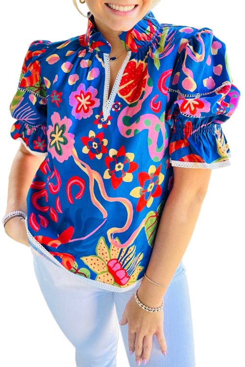 Women's Blue Abstract Print Frilled Collar Ruffled Puff Short Sleeve Top