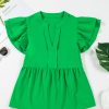 Women's Bright Green Double Ruffle Sleeve Peplum Blouse - Flattering V Neck Top - Image 15