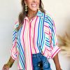 Women's Pink Stripe 3/4 Sleeve Button Up Casual Shirt - Image 3