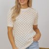 Elegant Women's Beige Hollow Out Crochet O Neck Short Sleeve Sweater Tee - Image 8