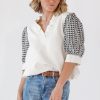 Elegant Women's White Geometric Textured Short Sleeve Blouse with Frilly V Neck - Image 2