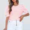 Women's Chic Pink Flower Geometric Textured Button Short Sleeve Top - Image 3