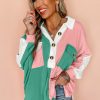 Women's Pink Colorblock Ribbed Oversized Sweatshirt with Buttoned Neckline - Image 3