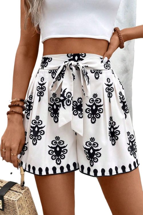 Women's Black Tribal Geometric Print Belted High Waist Casual Shorts