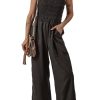 Women's Black Spaghetti Strap Shirred Bodice Wide Leg Jumpsuit with Pockets - Image 17