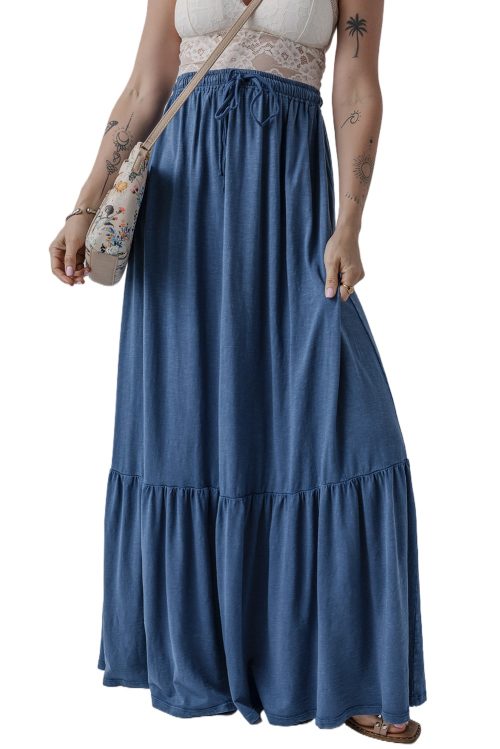 Women's Sail Blue Solid Color Lace-Up High Waist Tiered Maxi Skirt