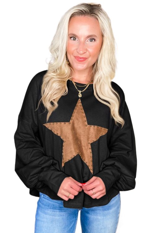 Women's Black Studded Star Graphic Oversized Long Sleeve Top