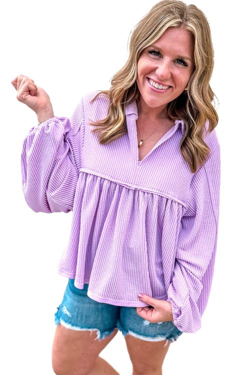 Women's Phalaenopsis Corded V Neck Bubble Sleeve Babydoll Blouse