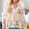 Women's White Plus Size Floral Print V-Neck Puff Sleeve Blouse - Image 4