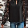 Women's Elegant Black Keyhole Neckline Floral Lace Raglan Sleeve Blouse - Image 7