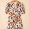 Chic Brown Abstract Printed Puff Sleeve Mini Dress with Button Up Front and Braided Belt - Image 6