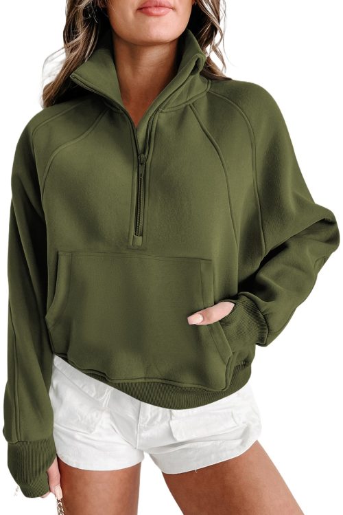 Women's Moss Green Quarter Zip Sweatshirt with Kangaroo Pocket