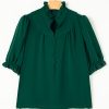 Elegant Women's Blackish Green Solid Blouse with Puff Sleeves and Frilled Trim - Image 5