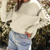 Women's Modern White Contrast Stitch Detail Ribbed Trim Crew Neck Sweater - Image 3