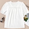 Women's White Embroidered Lace Patchwork Tie Neck Puff Short Sleeve Blouse - Image 17