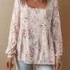 Women's Pink Floral Print Pleated U Neck Loose Fit Blouse - Elegant and Charming - Image 6