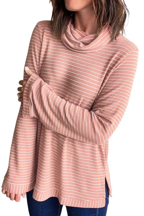 Women's Pink Stripe Cowl Neck Long Sleeve Top with Side Slits - Casual & Comfortable