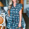 Women's Blue Retro Floral Print Ruffle Short Sleeve Mini Dress - Image 14