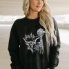 Women's Black Embroidered Howdy Cow Western Graphic Crew Neck Sweatshirt - Image 3