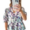 Women's Purple Floral Ricrac Trim Peplum Top with Puff Sleeves - Image 20