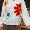 Women's White Floral Pattern V Neck Drop Shoulder Long Sleeve Sweater - Image 2