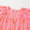 Women's Pink Bowknot Striped Printed Bubble Sleeve Mini Dress with Belt - Image 11