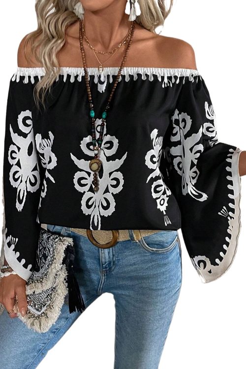 Women's Black Tribal Printed Off Shoulder Blouse with Loose Sleeves