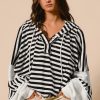 Women's Black and White Oversized Striped Henley Hooded Top with Dolman Sleeves - Image 4