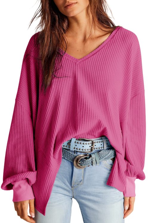 Women's Bright Pink Waffle Knit V Neck Long Sleeve Blouse