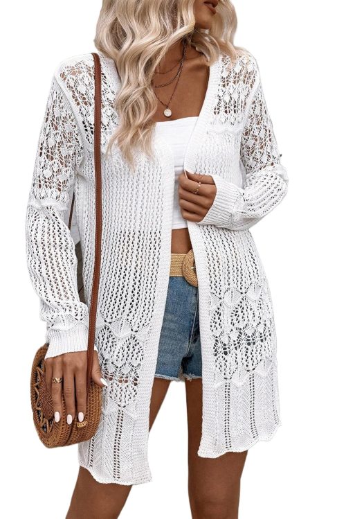 Women's White Crochet Hollow Out Open Front Cardigan