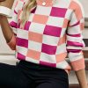 Women's Pink Checkered Ribbed Edge O Neck Drop Shoulder Sweater - Image 2