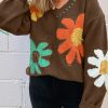 Women's Coffee Big Flower Pattern V Neck Drop Shoulder Sweater - Image 2