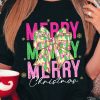 Women's Black Merry Christmas Brushwork Bow Printed Graphic T-Shirt - Image 2