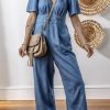 Women's Ashleigh Blue V Neck Short Sleeve Denim Loose Jumpsuit with Smocked Back - Image 3