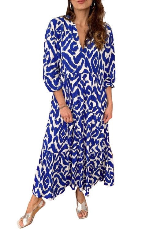 Women's Western Inspired Blue Abstract Geometric Maxi Dress