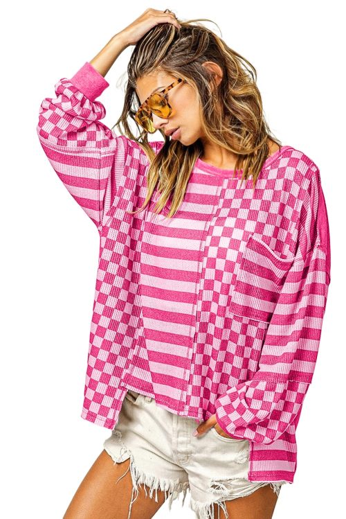 Women's Rose Red Checkerboard Striped Patchwork Lantern Sleeve Blouse with Pocket