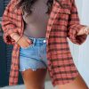Women's Red Plaid Long Sleeve Side Split Distressed Hem Shirt - Image 2