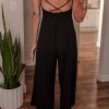 Women's Black Spaghetti Straps Open Back Pleated Wide Leg Jumpsuit - Casual Summer Fashion - Image 2