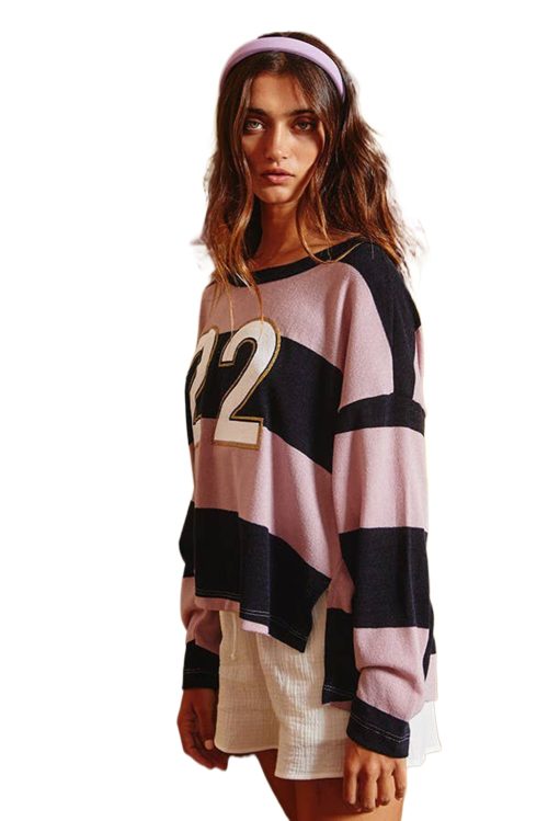 Women's Pink Stripe Color Block Long Sleeve Top with Number 22 Print - Casual Game Day Shirt