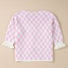 Women's Light Pink Checkered Knitted Lace-Up Ruffled 3/4 Sleeve Cardigan - Image 11