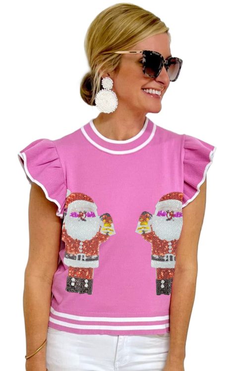 Women's Bonbon Sequin Father Christmas Ruffled Sleeve Sweater T-Shirt for Festive Cheer