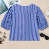 Women's Blue Stripe Tied Front Puff Short Sleeve Blouse - Playful & Feminine - Image 6