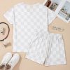 Chic Women's Beige Checkered V Neck Tee and Drawstring Shorts Lounge Set - Image 9