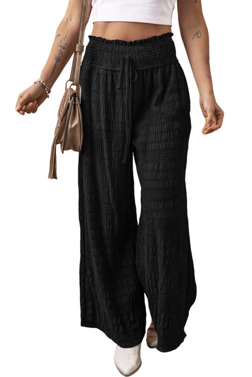 Women's Black Textured Wide Smocked Waist Loose Pants