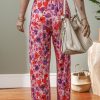 Women's Purple Floral Wide Leg Pants - Elastic High Waist for Comfort - Image 2