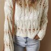 Women's White Cut Out Crochet Crew Neck Loose Fit Sweater - Image 4