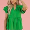 Women's Bright Green Double Ruffle Sleeve Peplum Blouse - Flattering V Neck Top - Image 10